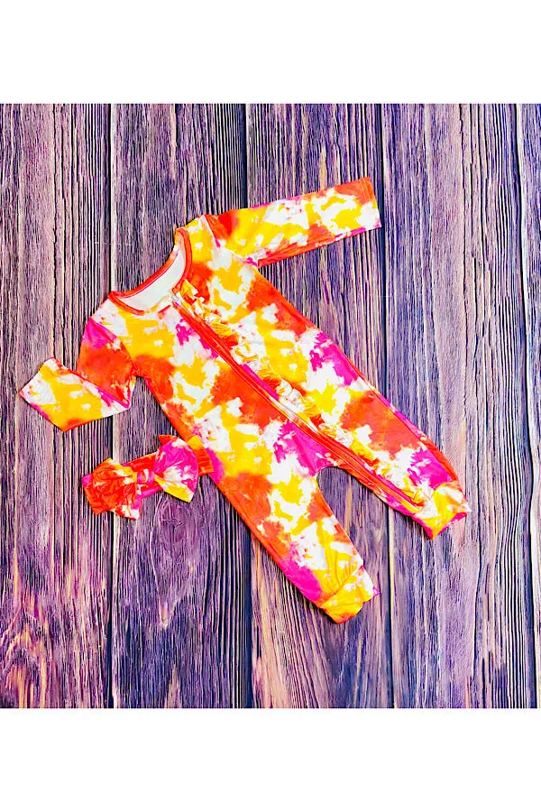 LC009 Orange & yellow tie dye baby romper w/matching headband