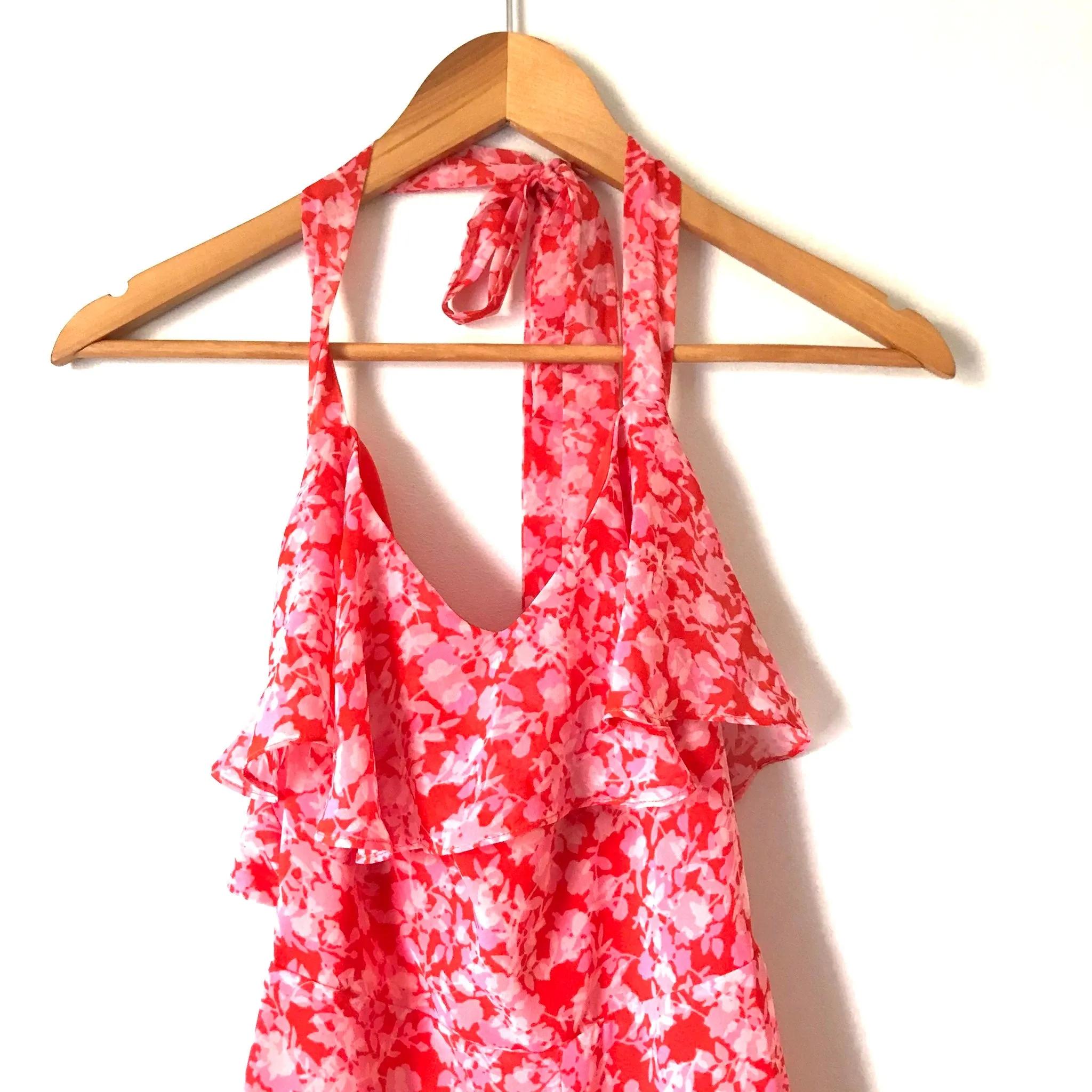 Lovers & Friends Halter Ruffle Tie Front Romper with Exposed Back- Size S