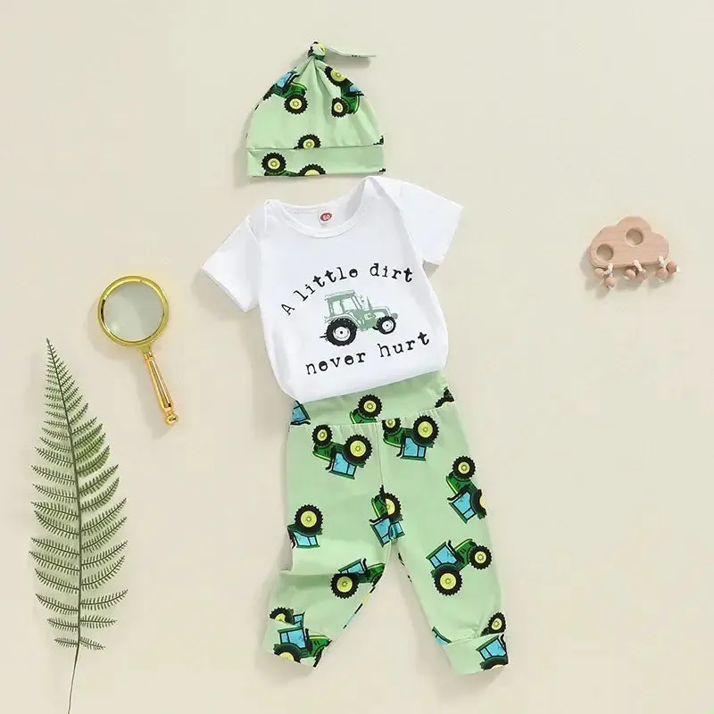 Newborn Boys Short Sleeve Tractor Print Romper Pants Hat Set