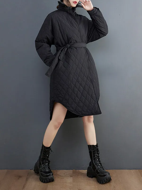 Simple Loose Rhombic Belted Solid Color Lapel Padded Coat